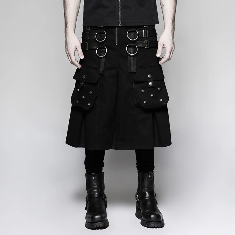 

Gothic rock Dark Series Metal ring rivet Warrior Skirt Fashion Personality Handsome club Stage Men Pleated Skirt PUNK RAVE