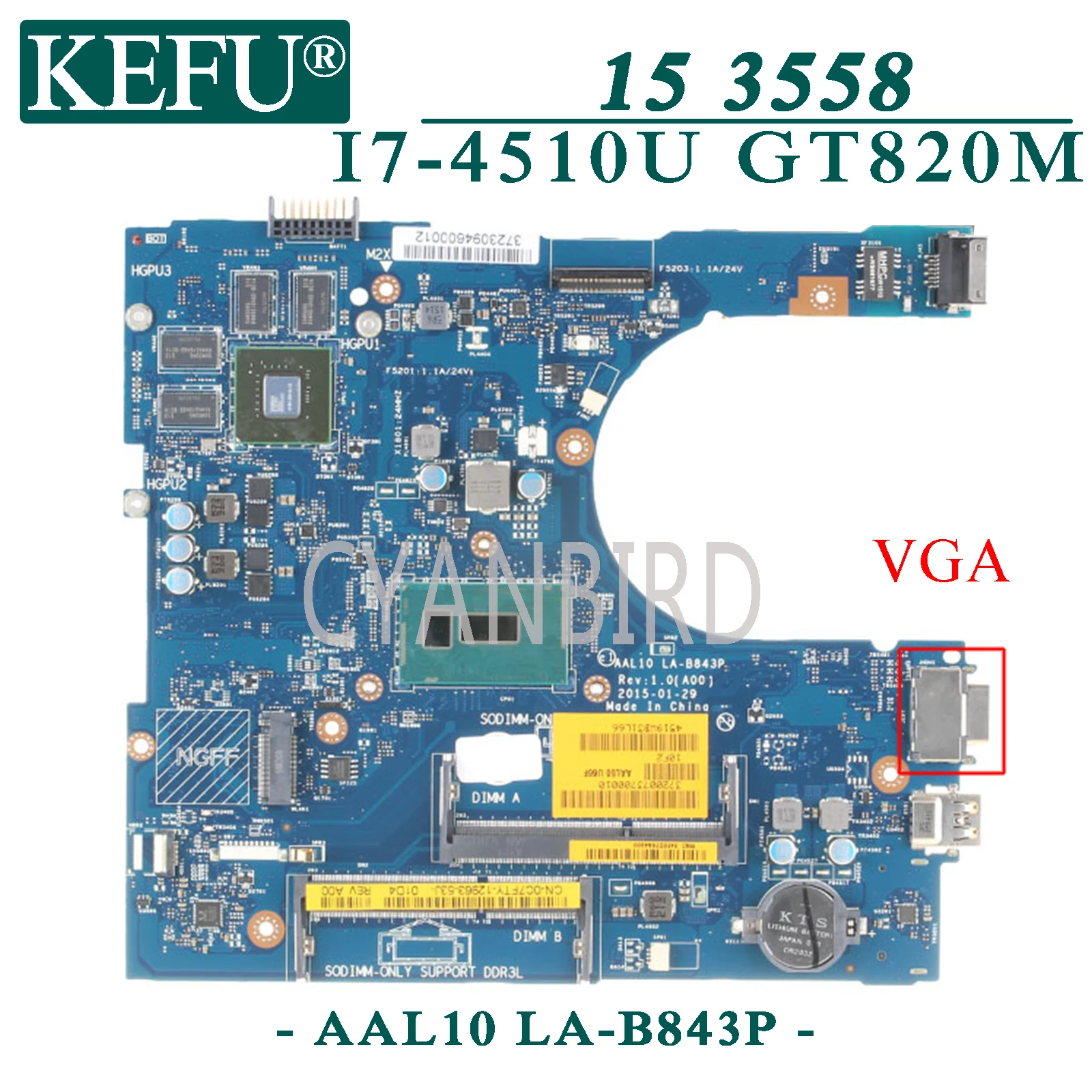 Материнская плата KEFU 1024 для ноутбука Dell Inspiron 15-3558 с LA-B843P/4500U GT820M - купить по