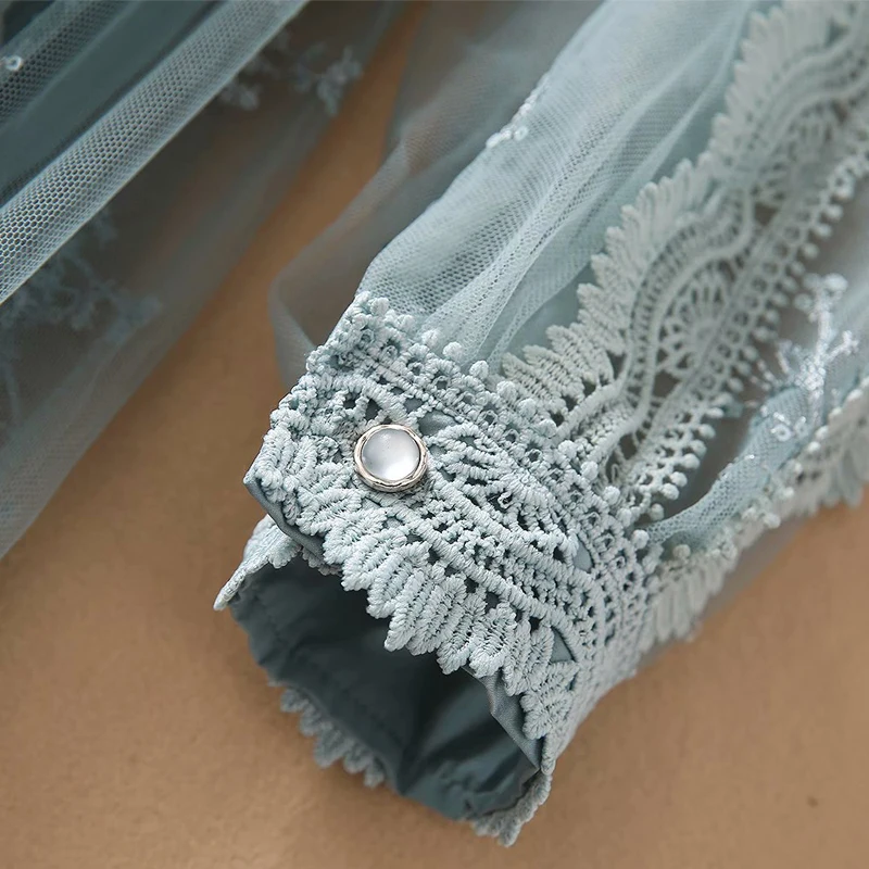 

SEQINYY Party Dress Blue Summer Spring New Fashion Design Women Runway Lace Flowers Embroidery Mesh A-line Midi Elegant