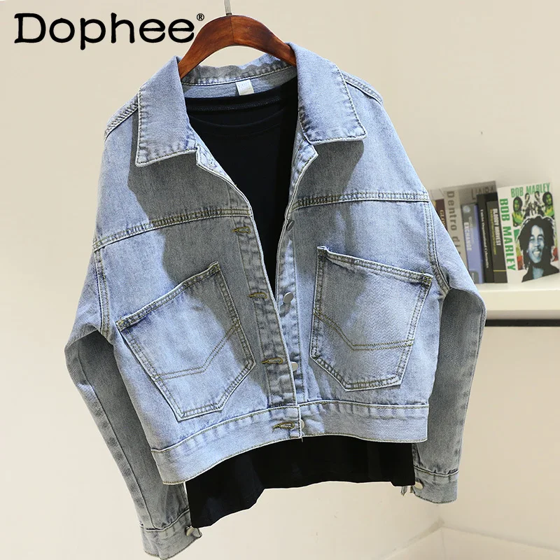 

Куртка женская короткая джинсовая с рукавами «летучая мышь», модный пиджак свободного покроя из денима в Корейском стиле, повседневная оде...