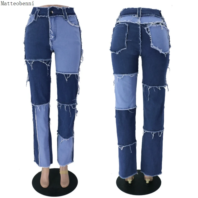 

Fashion Patchwork Skinny Straight Jeans Women 2020 High Waist Pockets Sexy Color Block Ladies Jeans Trousers Denim Blue Pants