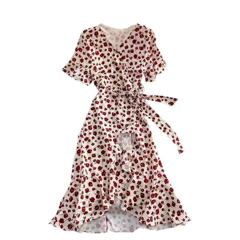 

Chiffon print V-neck dress new style gentle wind close waist show thin super fairy Ruffle one piece wrap