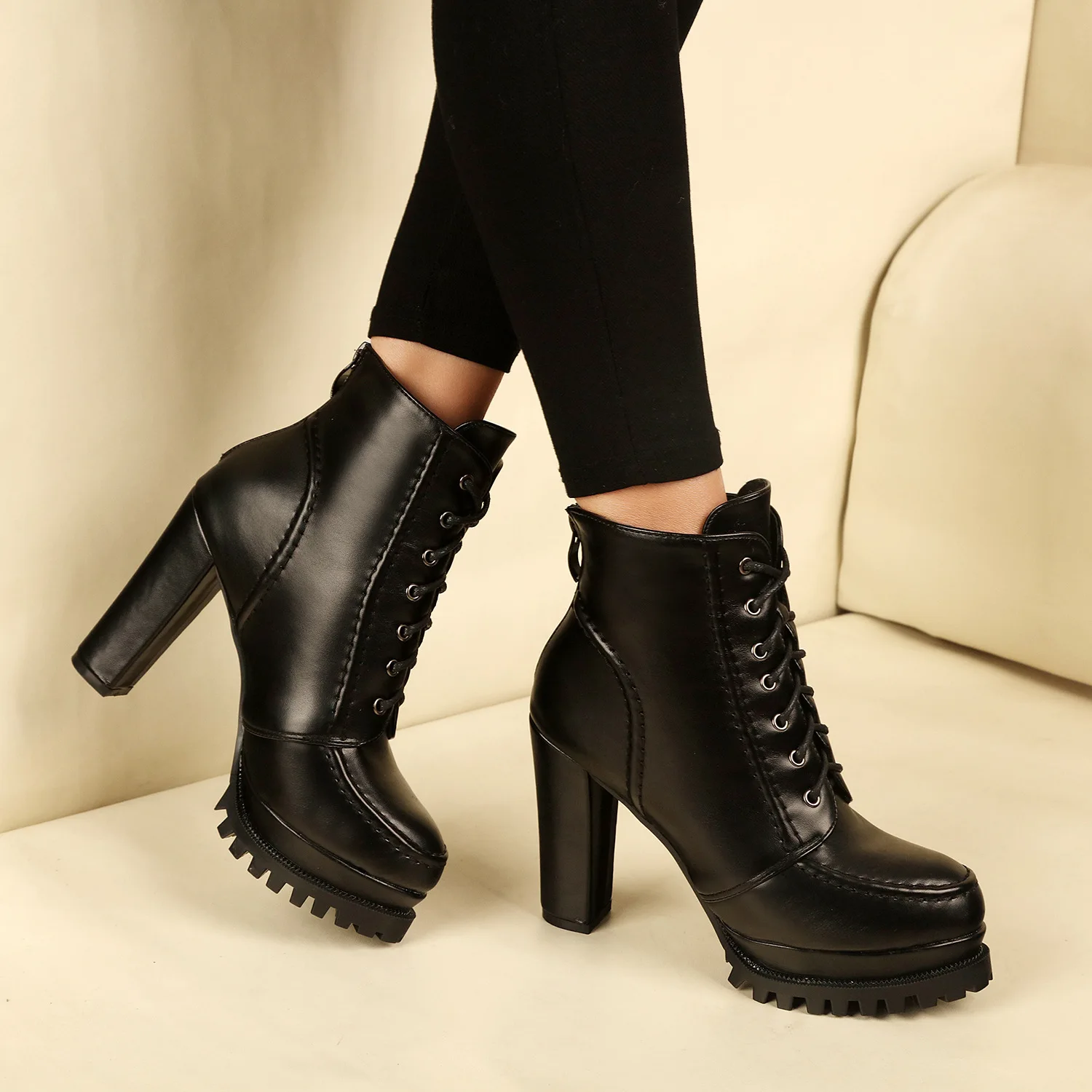 PU Leather Platform Ankle Strap Boots High Heels Women's Zip Spring Autumn Shoe Women Chaussures Femme Western Motorcycle Boots