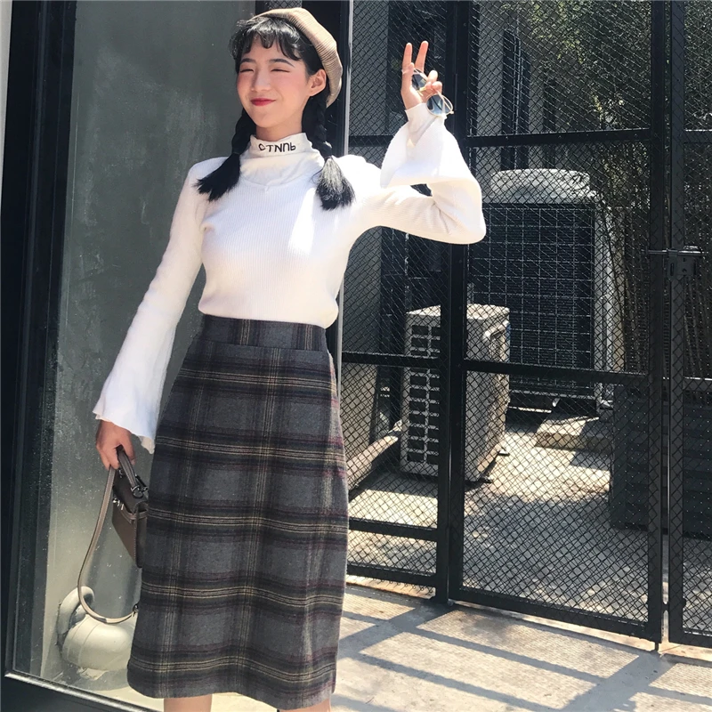 Клетчатая длинная юбка на осень и зиму утолщенная средней длины Женская с