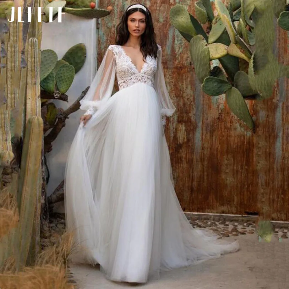 

JEHETH Backless Deep V-Neck Tulle Boho Chic Wedding Dress Sexy Lace Long Lantern Sleeves Beach Bride Gowns vestidos de novia