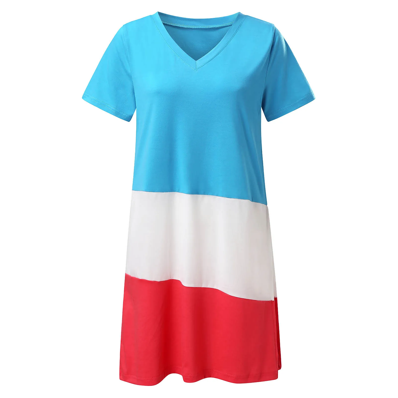 

40# Patchwork V-neck Summer Dress Side Split Pullover Dress Short Sleeve Straight Shirt Dress Casual Loose Summer Dress 2021