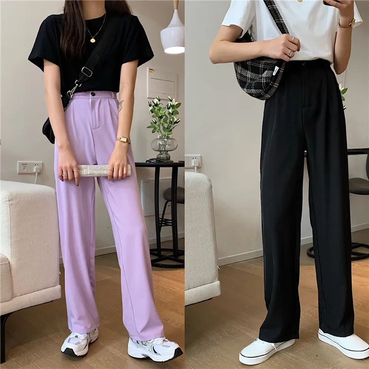 

Pants Women High Waist Summer Trendy Chic Harajuku Purple Korean All-match Teens Wide-leg Trouser Casual New Femme Bottom Street