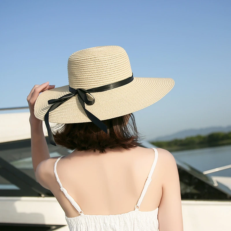 

2022 Summer Large Brim Straw Hat Floppy Wide Brim Sun Cap Bowknot Beach Foldable Hats New Hats For Women