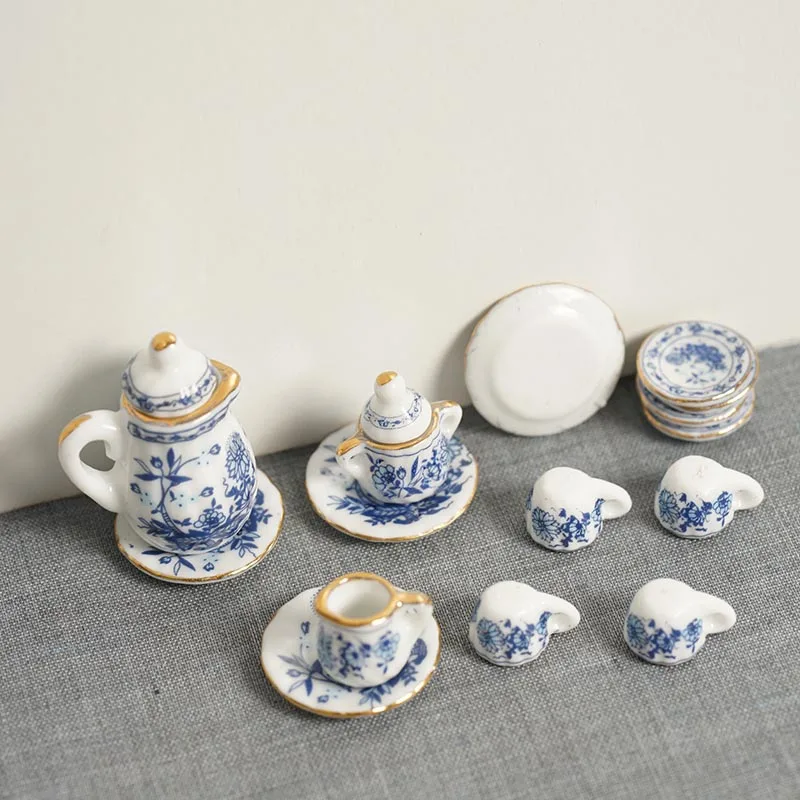 15 шт./компл. кукольный домик Миниатюрный синий и белый набор керамический Набор