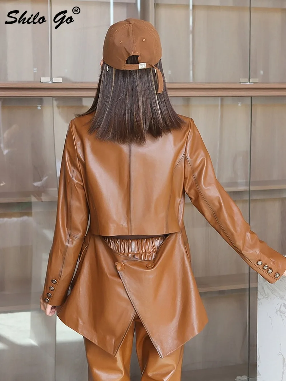 

Elegant Notched Neck Single Button Slim Jacket Women Winter Streetwear Solid Genuine Leather Coat Office Lady Sheepskin Outwear