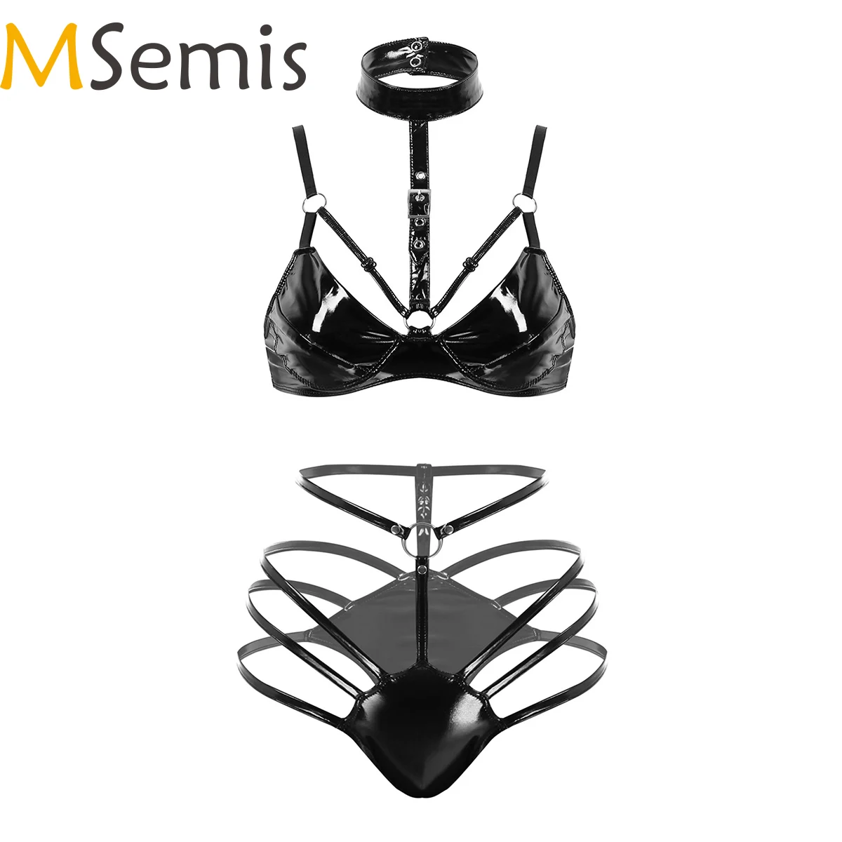 

Womens Wet Look Clubwear Pole Fashion Leather Lingerie Sets Spaghetti Straps Buckled Wire-free Bra Tops with G-string Briefs
