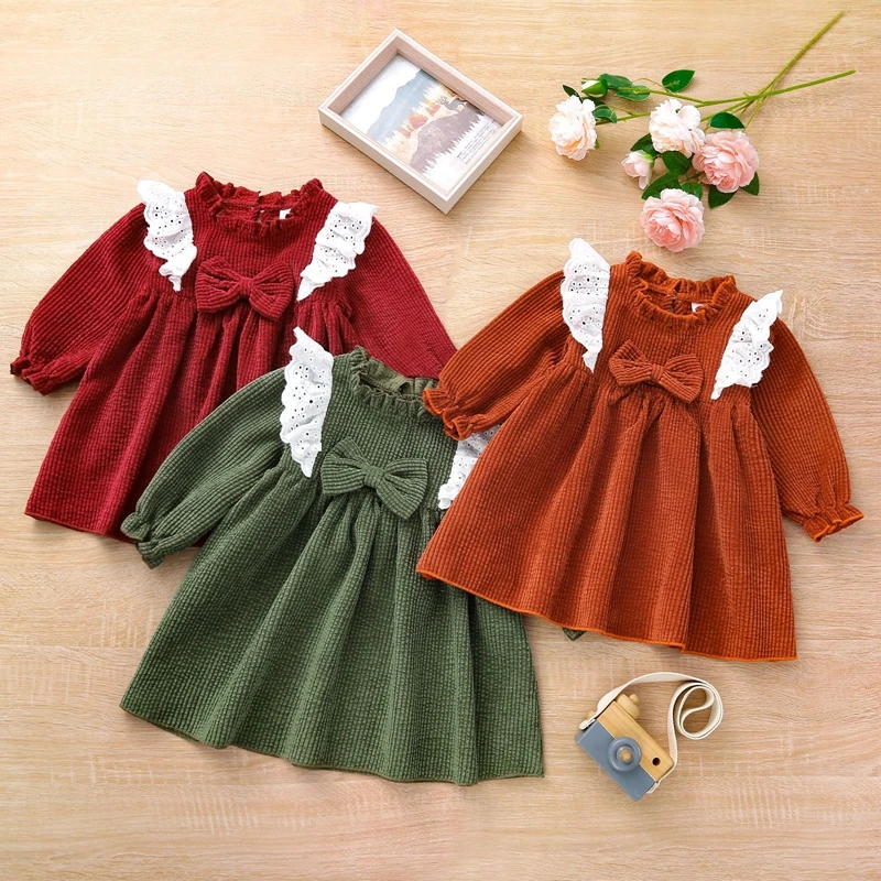 

Spring Autumn Children Girls Kid Baby Corduroy Princess Dress Vintage Long Sleeve Ruffles Tutu Party Dress For Girls Clothes