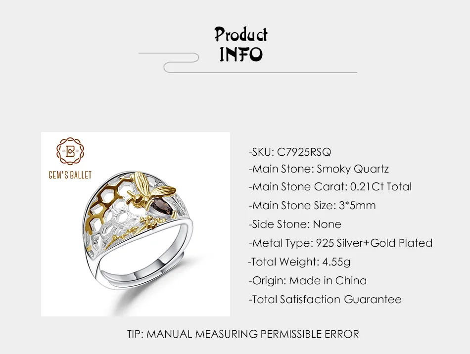 Gem балетки 0.21Ct природный дымчатый кварц Золотое кольцо с пчелиными сотами 925 пробы Серебряное кольцо ручной работы для Для женщин, хорошее ювелирное изделие