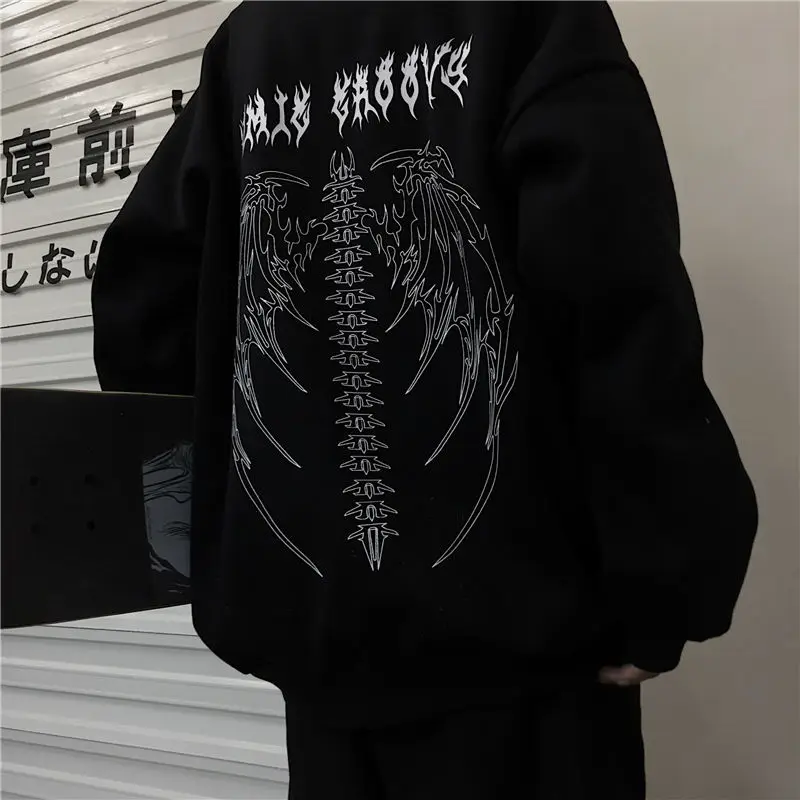 

Streetwear Oversized Sweatshirts Women Gothic Printed Black Couple Hoodies Hip Hop Cool O-neck Autumn Men's Pullovers Tops