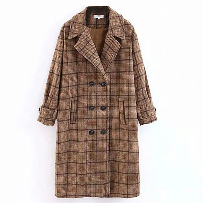 Женское Трендовое пальто винтажное длинное в клетку стиле ретро двубортное с