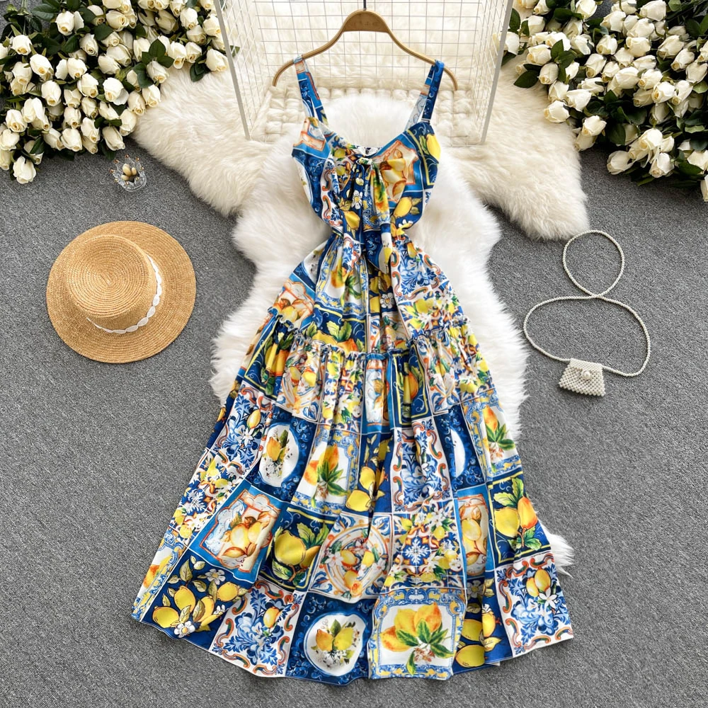 

B715 Women New Fashion Summer Retro Printed A-line Dress Sexy High Waist Slim Ladies Sleeveless Vintage Vestidos
