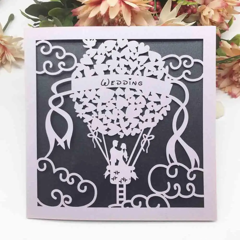 

50Pcs/Lot Square Wedding Invitation Laser Cut Wedding Cards With Balloon Romantic Wedding Decorations