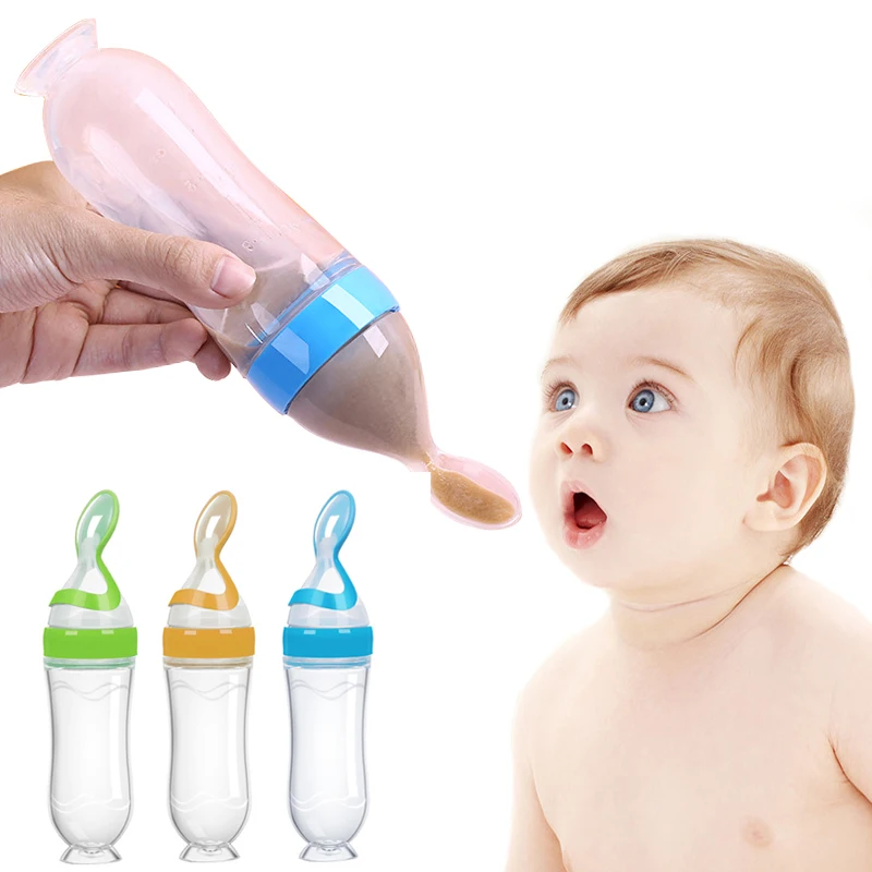 

Squeeze Feeding Spoon Silicone Newborn Baby Training Feeder Bottle 90ML Vegetable Fruit Rice Cereal Bottle Food Supplement