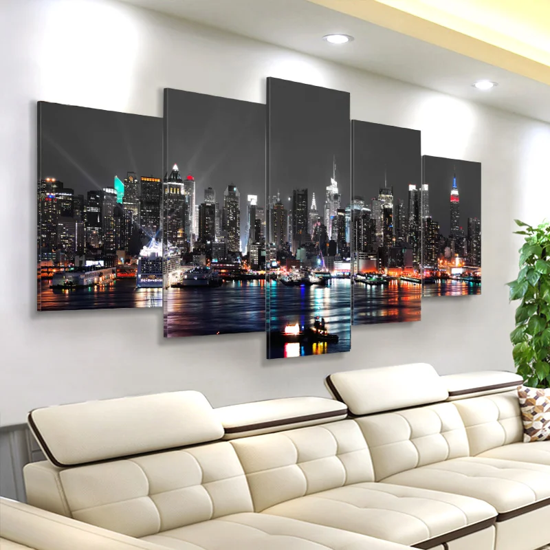 Нью-Йорк Холст Картина Пейзаж печати 5 Панель на холсте ночной вид плакат