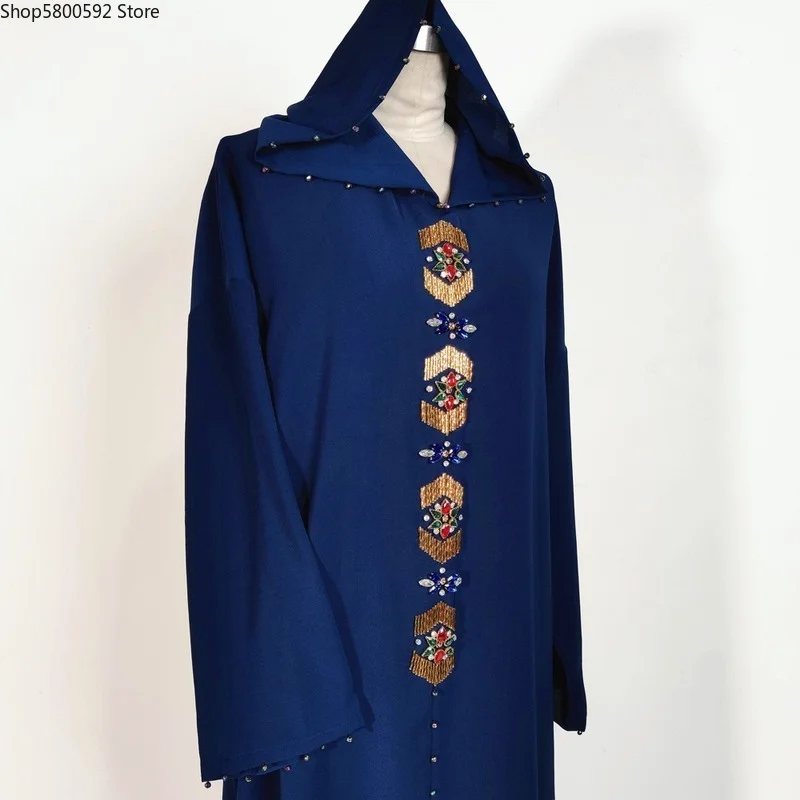 Moroccan Kaftan Hooded Maxi Dress For Women Handwork Stitch Brass Diamond Luruxy Abaya Dubai Robe Turkey Arabic Muslim Clothes