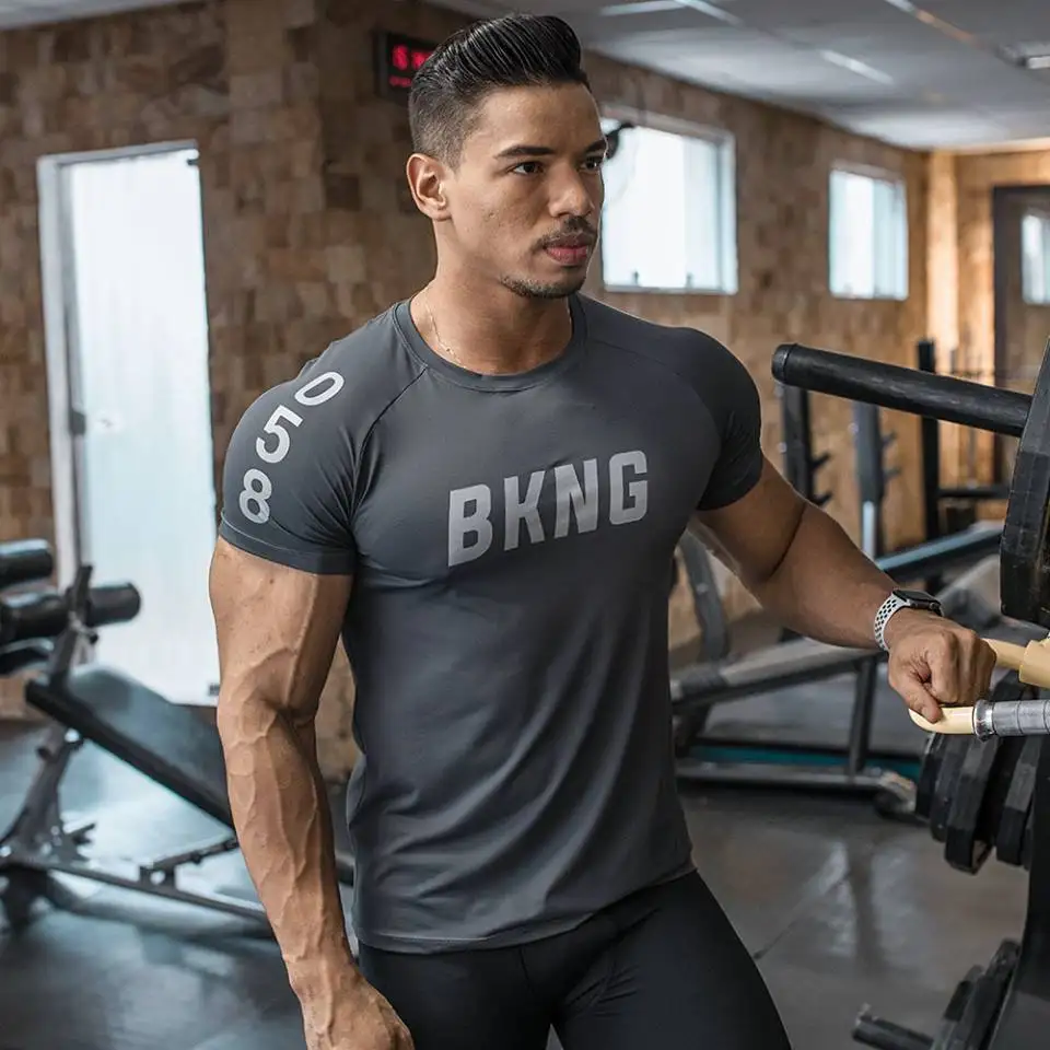 

New Mens Gyms Fitness Bodybuilding Sporting T-shirt Muscle Man Casual Printed T shirts Male Workout Breathable elastic Tees Tops