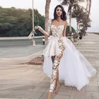 Комбинезон в стиле Бохо Прозрачные Свадебные платья с кружевной аппликацией, на одно плечо Overskirts свадебное платье с брюки, платье де Noiva
