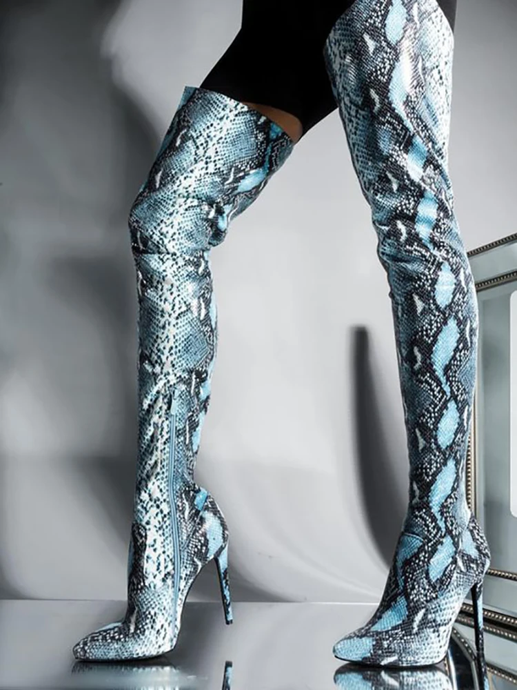 

Snake Skin Thigh High Winter Boots Sexy High Heel Stiletto Women Shoes Mixed Color Zipper Up Pointed Toe Wide Calf Outfit Boots