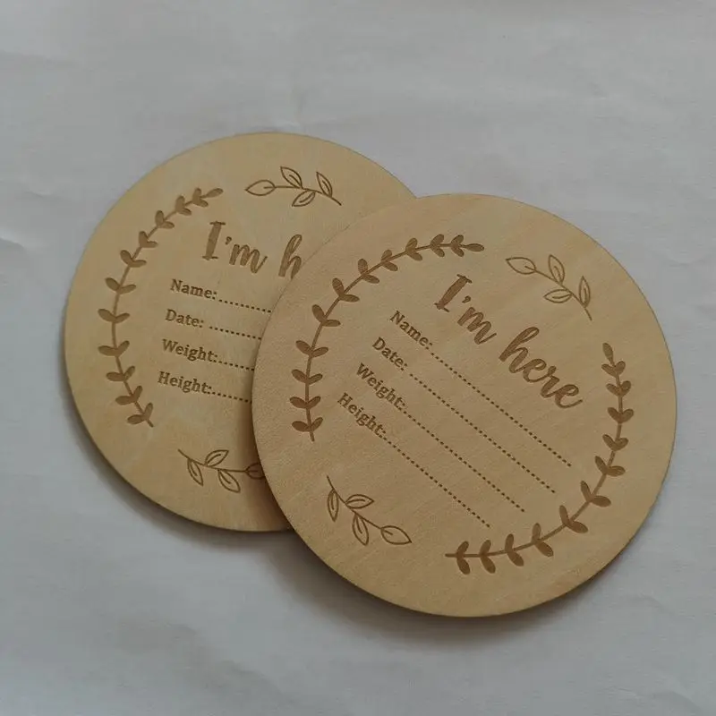 

10pcs hello world i'm here wooden engraved Newborn Baby Announcement cards Birth Stats Sign ard Baby Kids Photography Props
