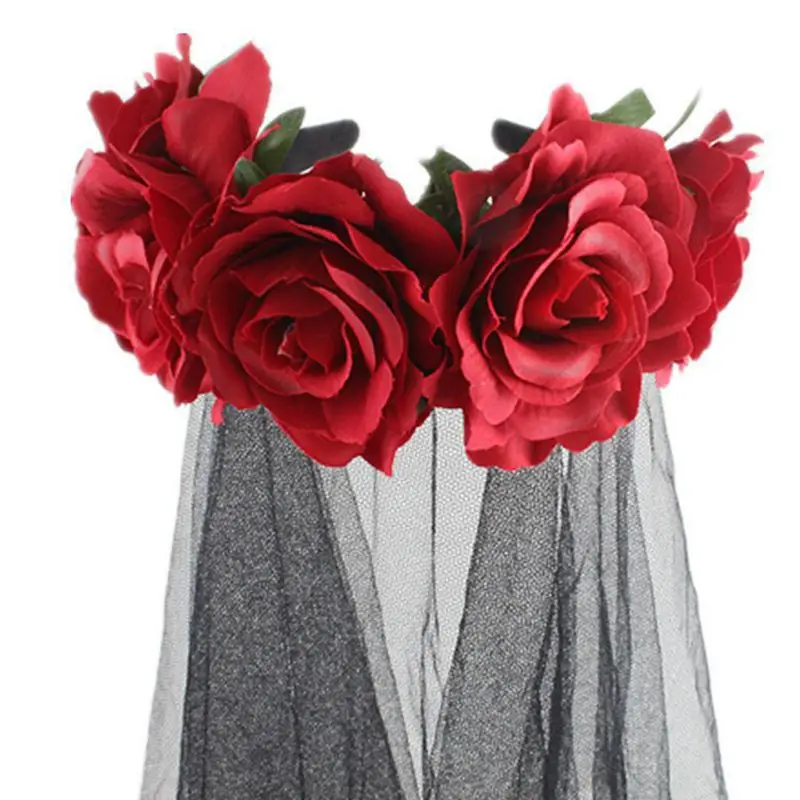 Halloween Wreath Headband Handmade Fabric Rose Flower with Black Mesh Veil Tulle Crown Festival Day of The Dead Hair Hoop