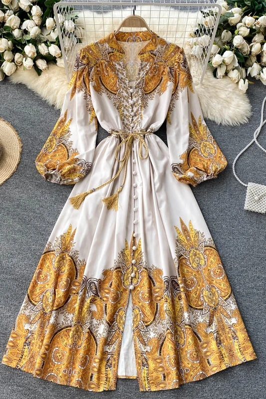 

Women's Elegant Printed V Neck Single Breasted Long Dress Spring Autumn 2021 Lantern Sleeve Streetwear Midi Dress Casual Vestido