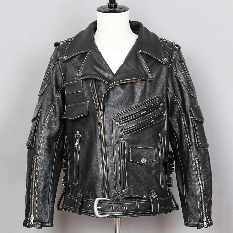 

Мужская мотоциклетная куртка из натуральной кожи, приталенная куртка из натуральной воловьей кожи с отложным воротником, байкерская куртк...