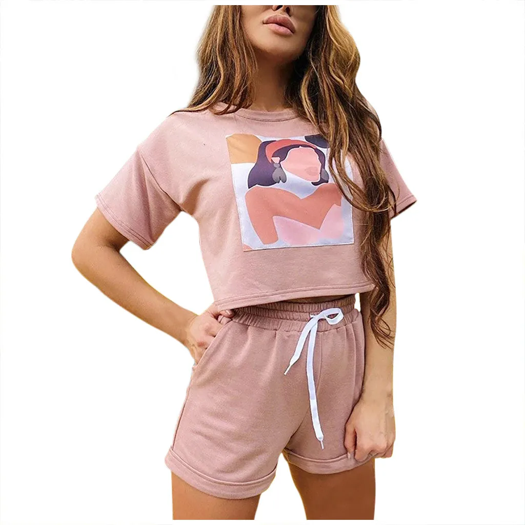 

Women's Casual Suit Printed Round Neck Short Sleeve Shorts Elastic Band Print long Sleeve Tops Female Hedging Casual 2021