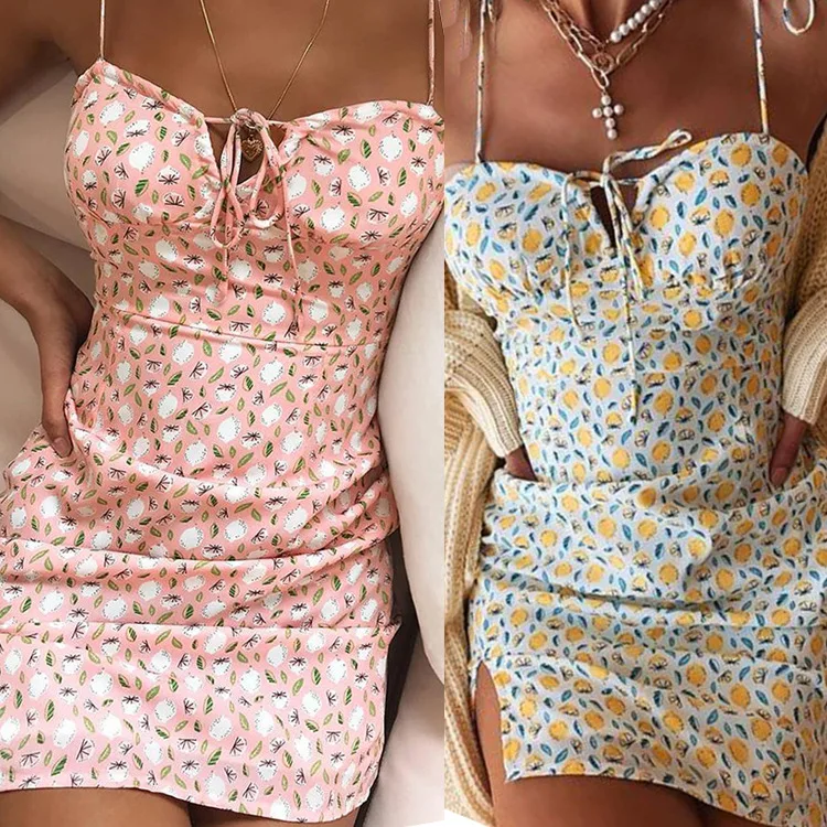 

Sleeveless Chic Bohemian Holiday Dresses 2020 Women Summer Floral Print Boho Beach Dress Spaghetti Strap Shirring Design Dress
