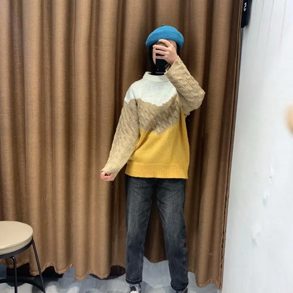 ZA новый весенний женский белый коричневый желтый контрастный вязаный свитер с
