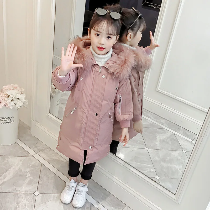 

Girls Down Jacket Winter Children Fur Collar Hooded Thick Coat Kids Outerwear Warm Long Cotton-Padded Parkas for Girls 8 10 Year