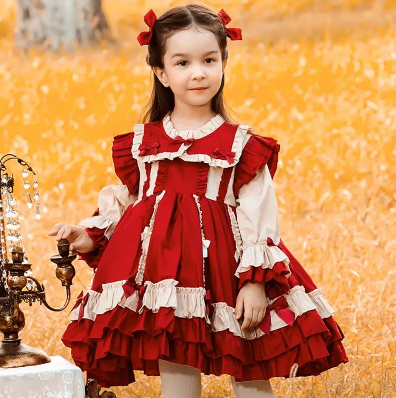 Lolita Children Girl Vintage Bow Dress Long Sleeves Retro Layer Ruffle Dresses Kids Birthday Party Ball Gown Holidays Clothes