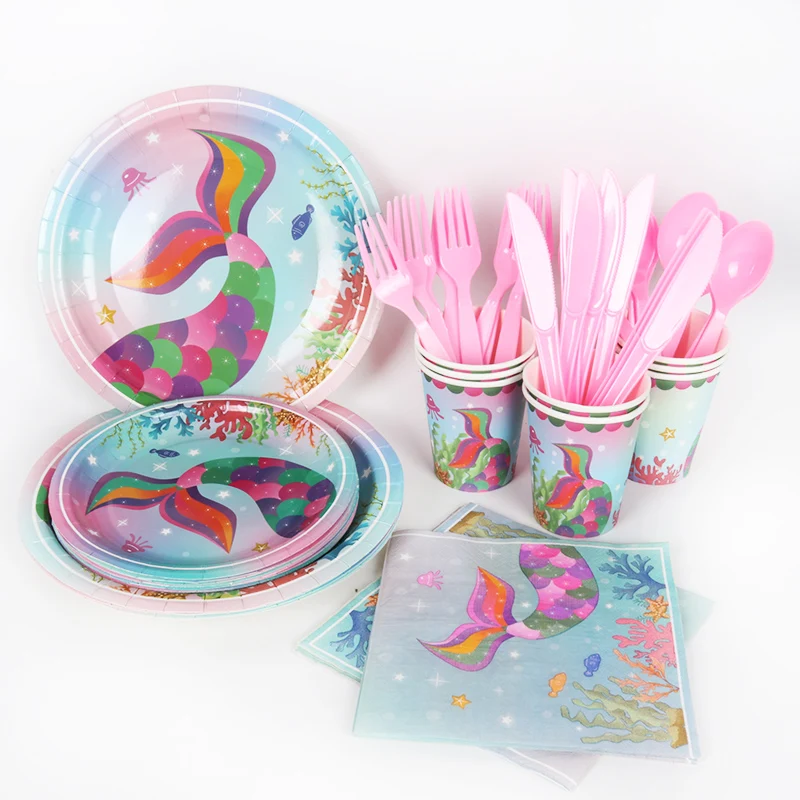 

CYUAN Little Mermaid Supplies Cake Stand Tableware Cup Plate Mermaid Birthday Party Decor Kids Girl Mermaid Party Decoration