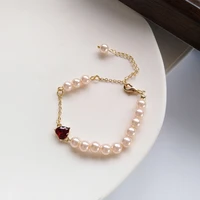 sweet fashion romantic heart shaped gem bracelet gold color asymmetric pearl bracelet daily matching party jewelry birthday gift