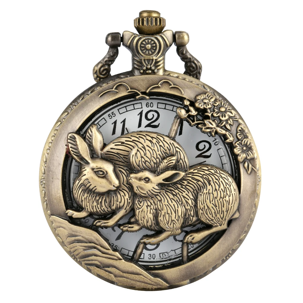 

Antique Chinese Zodiac Rabbit Quartz Pocket Watch Half Hunter Pendant Necklace Fob Chain Bronze Collection Clock Unisex Gifts
