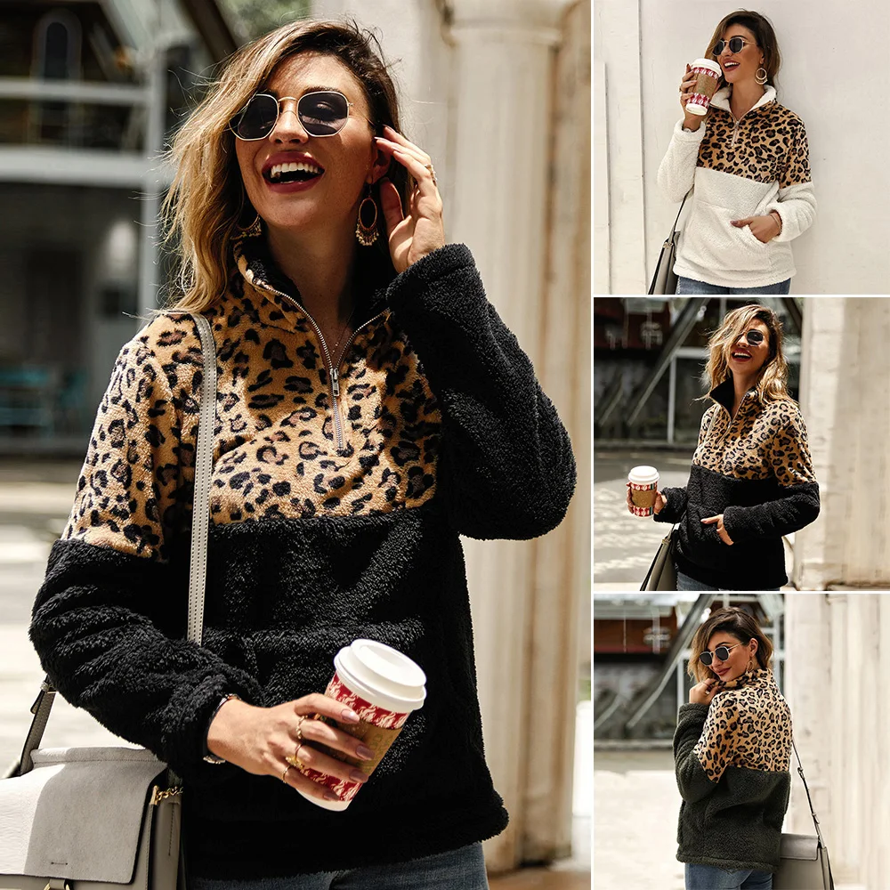 Женские топы пуловер Осень-зима Новый леопардовый на молнии с карманом и высоким