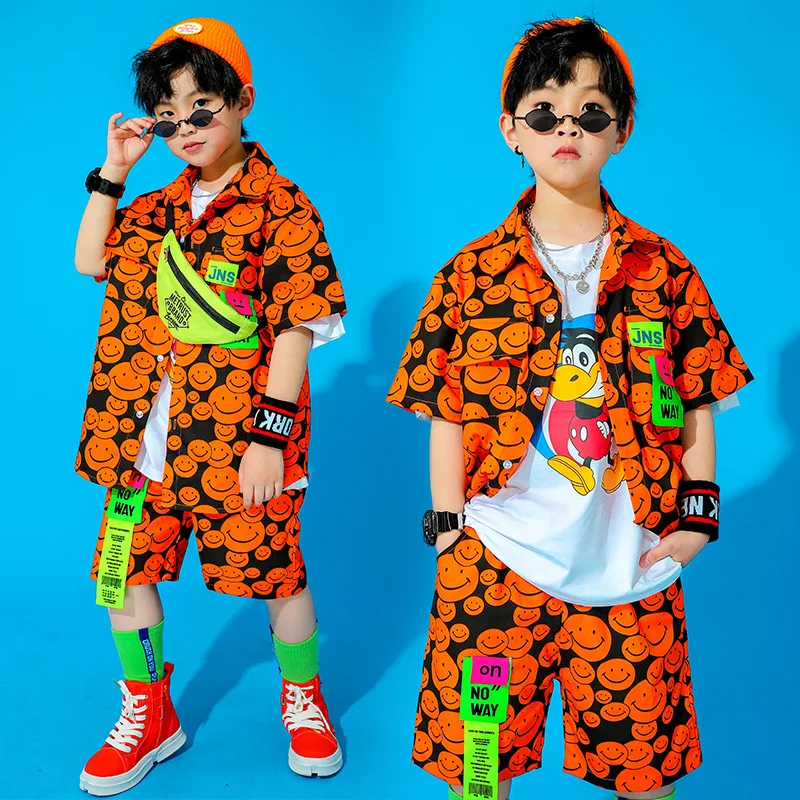 

Boys Street Dance Girls Smile Face Shirt Hip Hop Loose Shorts Summer Cool Clothes Sets Kids Jazz Outfit Child Costume Streetwear