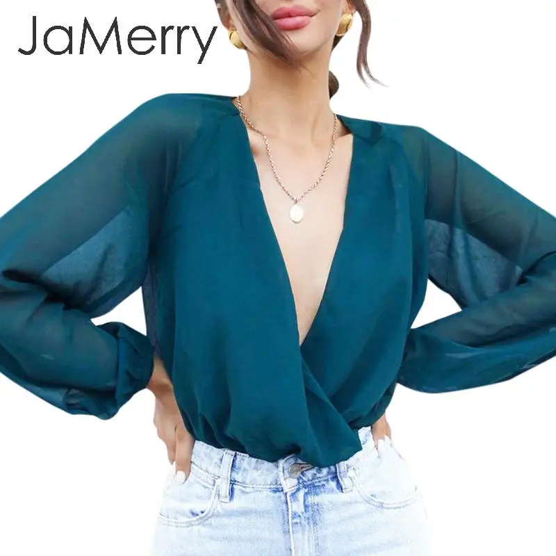 JaMerry сексуальные с v образным вырезом синие сетчатые повседневные боди