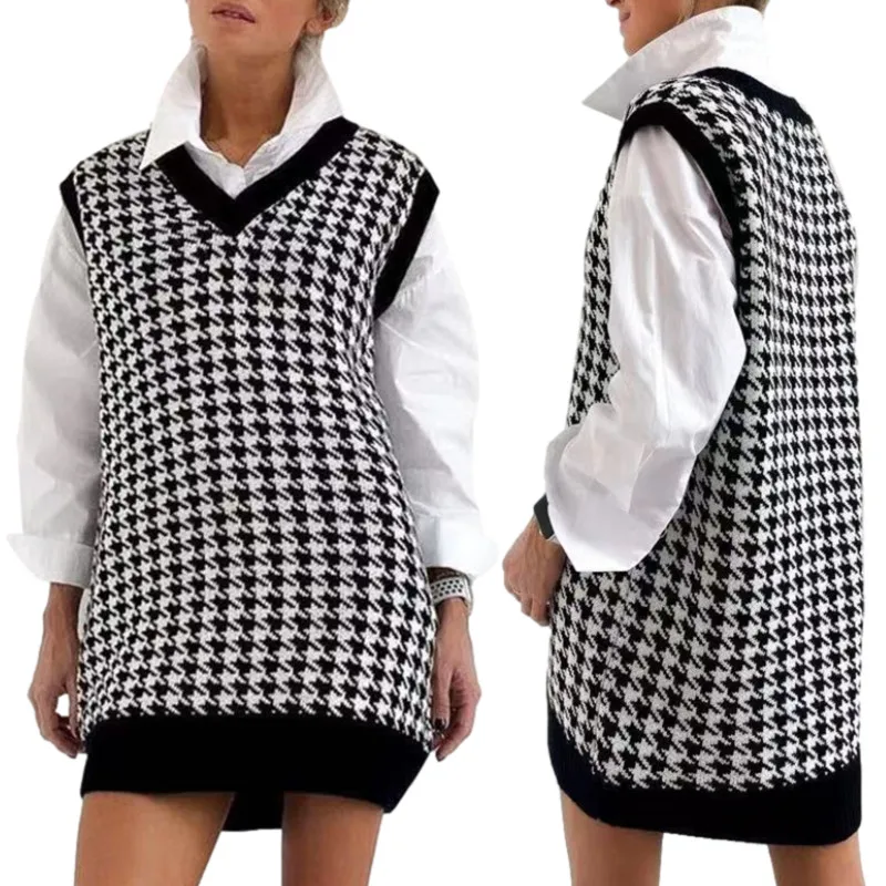 

V-Neck Sleeveless Knitwear Waistcoat for Women Spring Autumn Female Knitted Vest, Houndstooth Print