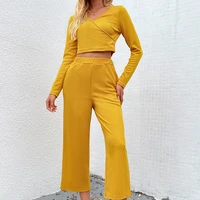 women fashion office lady suit long sleeve sexy v neck open navel tops solid high waist casual straight pants 2pc set streetwear