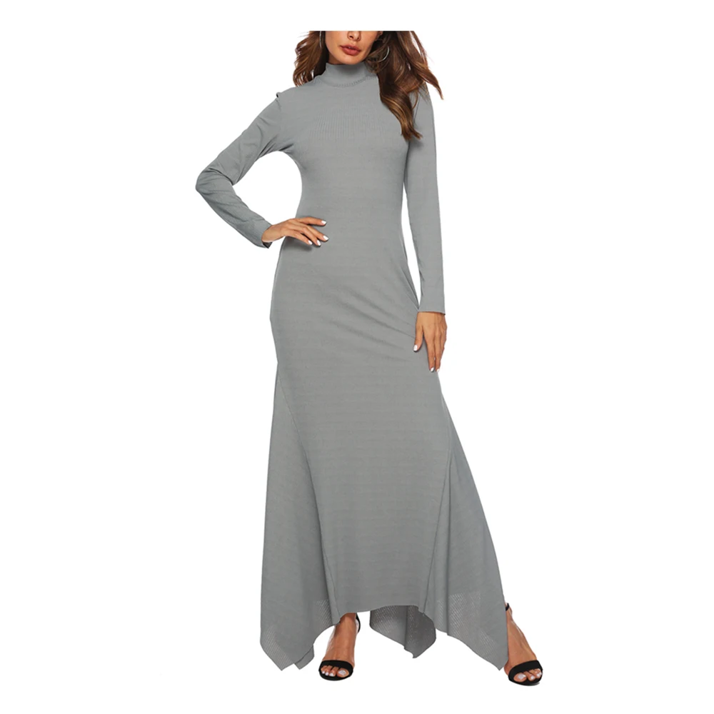 Женское модное платье макси с высоким воротником и длинными рукавами однотонное