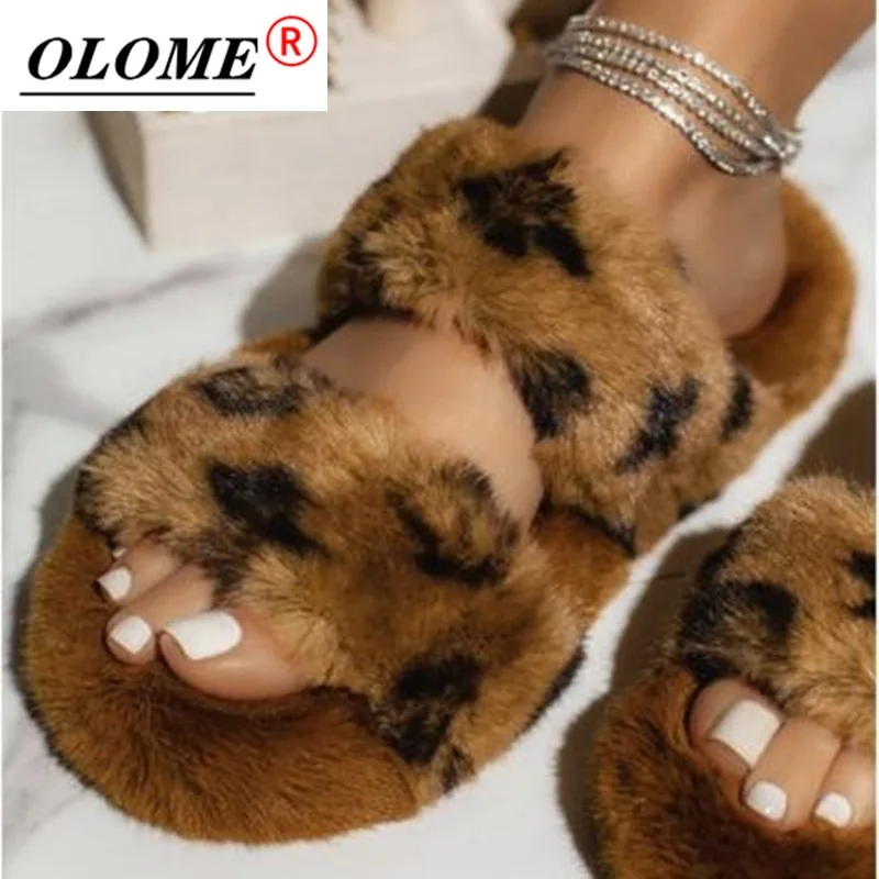 

Women's Indoor Fur Slippers Soft Plush Fluffy Home Shoes Flat Heel Non-slip Luxury Designer Casual Winter Size 35-43