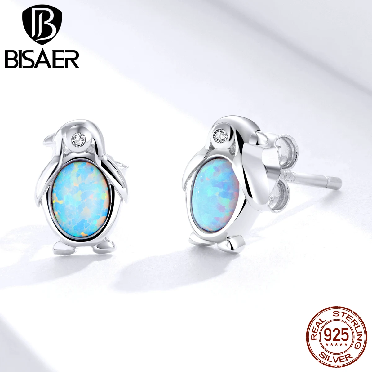 Женские сережки гвоздики с опалом BISAER серьги из 100% серебра и пингвином ювелирные