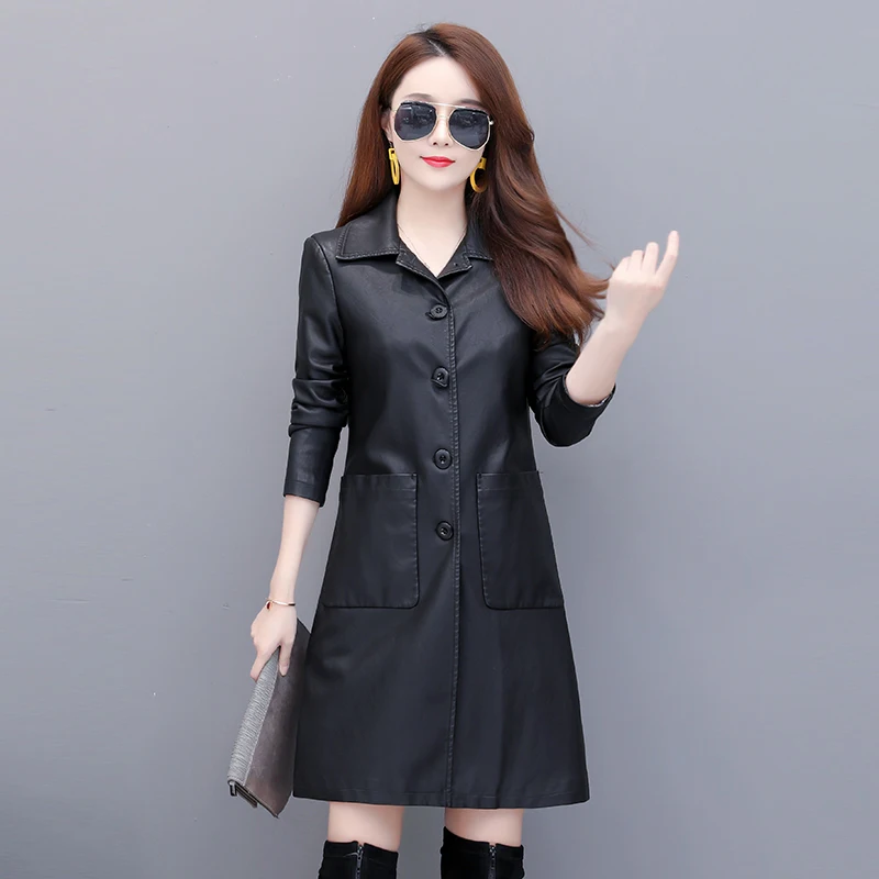 Модные женские Куртки из искусственной кожи 2020 зимние осенние длинные черные
