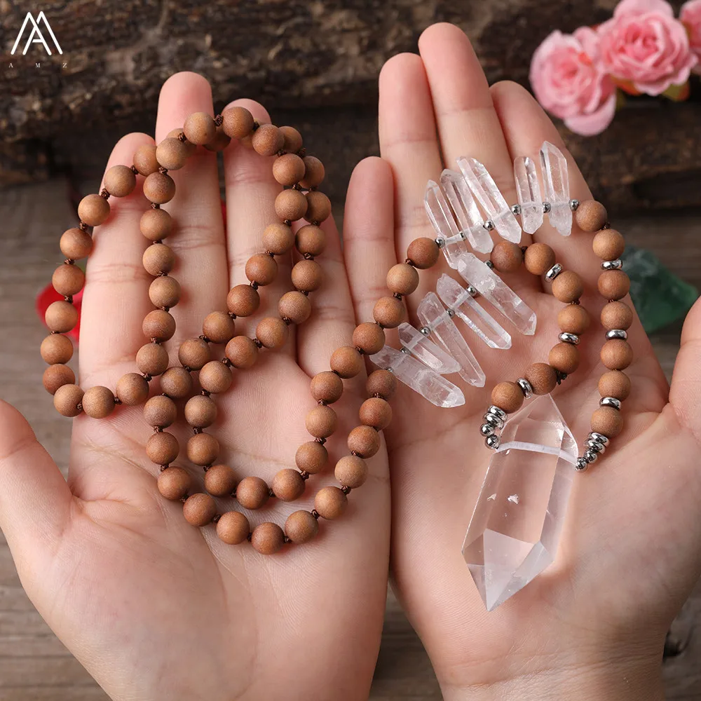 

Natural White Quartz Double Point Pendant 8mm Fragrant Sandalwood Prayer Beads Knot Handmade Necklace Women Yoga Jewelry 32Inch
