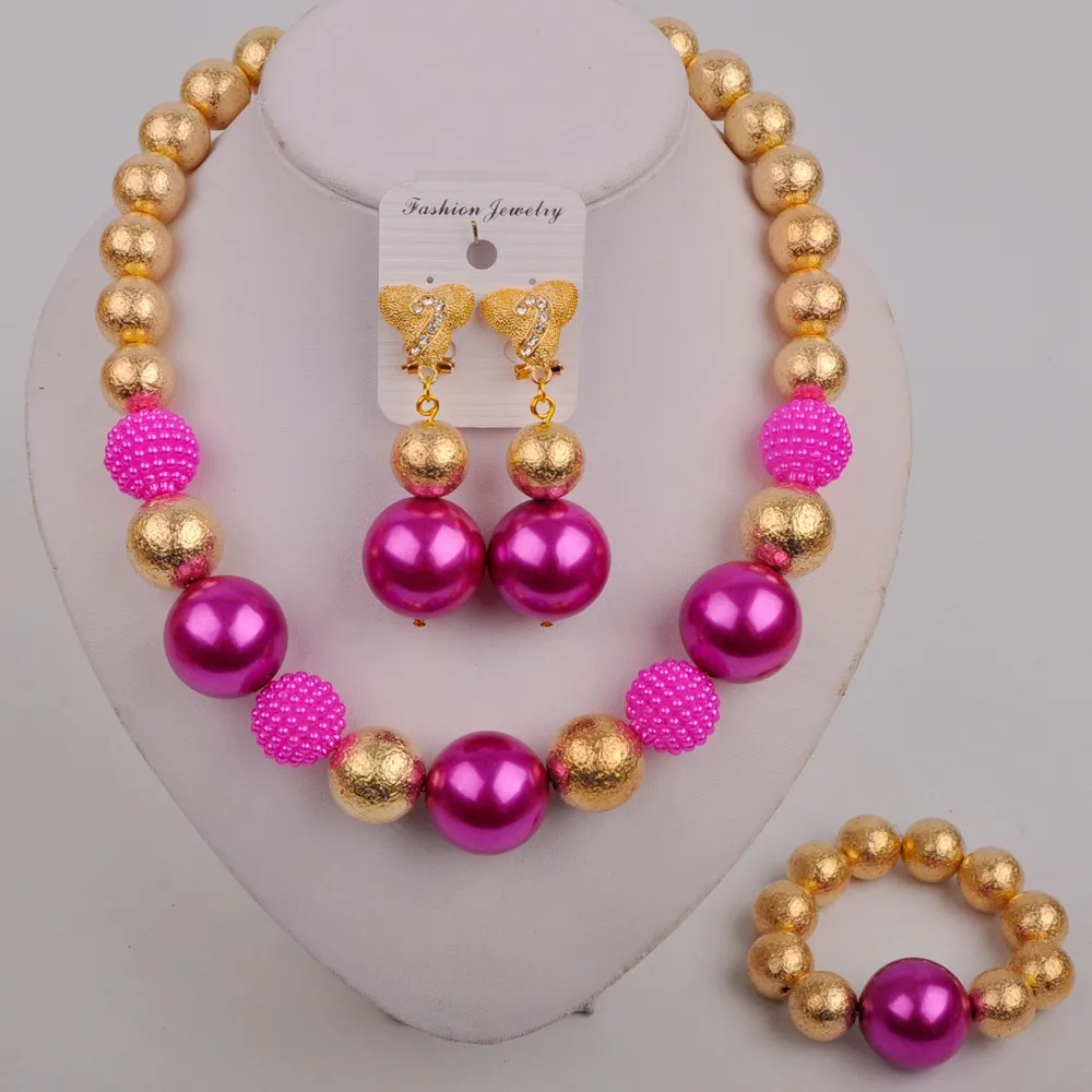 

Fuhsia Pink Costume Necklace Africcan Jewelry Set Nigerian Wedding Pearl Bridal Set Jewelry for Women